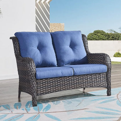 HUMMUH Outdoor Loveseat Sofa 2-Seat PE Rattan Patio Love Seat with Cushions,Deep Seat High Curved Back Armset Sectional Couch for Patio,Garden,Yard,Porch