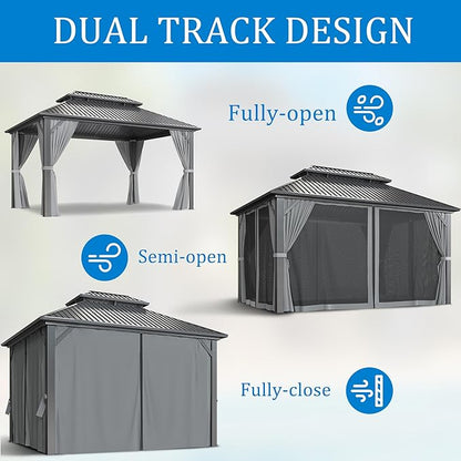WKM 10x14 FT Hardtop Gazebo with Heavy Duty Galvanized Steel Double Roof, Aluminum Frame Permanent Pavilion with Curtains and Netting, Outside Canopy Gazebo for Patio, Deck and Backyard,Gray