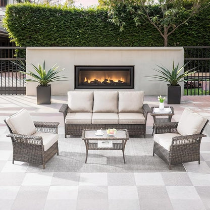 5 Pieces Wicker Patio Furniture Set - Hollow Widen Armrests Outdoor Rattan Chairs, 3 Seat Sofa with Coffee Table & Side Table, Small Patio Convention Set for Deck and Backyard - Brown/Beige