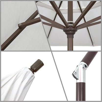 California Umbrella 9' Round Aluminum Market Umbrella, Crank Lift, Push Button Tilt, Black Pole, Sunbrella Teak