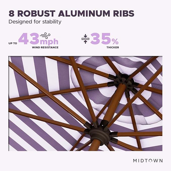 Midtown Umbrellas The Wooden 2-10 Feet Large Patio Umbrella, Terylast Purple & White Stripes Fabric, Aluminum Frame For Backyard Umbrella, Deck Umbrella, Garden Umbrella & Pool - Wooden Pole