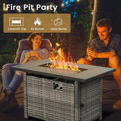 HOOOWOOO Patio Furniture Set,7 Piece Outdoor Furniture Set with Fire Pit Table,Wicker Patio Conversation Couch Swivel Chairs Ottoman Set,Denim Blue