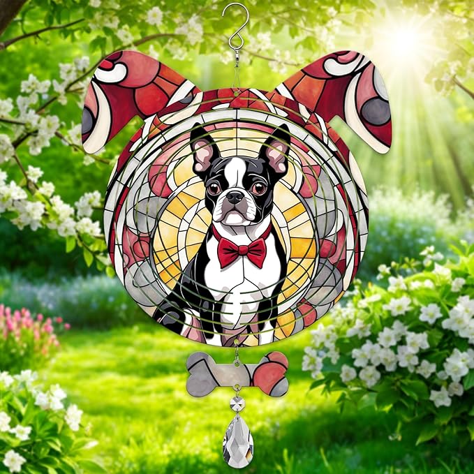 Boston Terrier Dog Ears Wind Spinner, Boston Terrier Wind Spinner Hanging for Yard and Garden V02