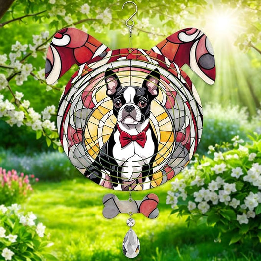 Boston Terrier Dog Ears Wind Spinner, Boston Terrier Wind Spinner Hanging for Yard and Garden V02