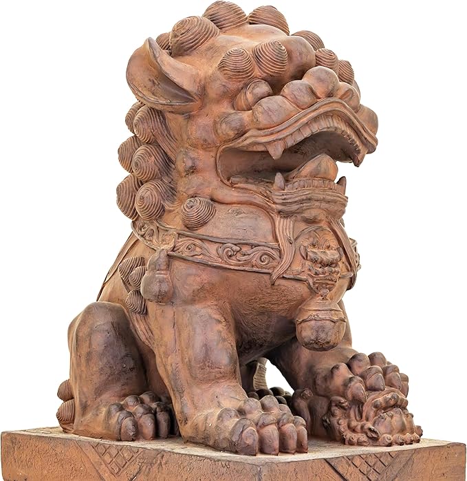 Zaer Ltd. Set of 2 Traditional Fu Dog Garden Statues, Chinese Guardian Lion Sculptures with Pedestals, Made with Magnesium-Cement (Antique Rust)