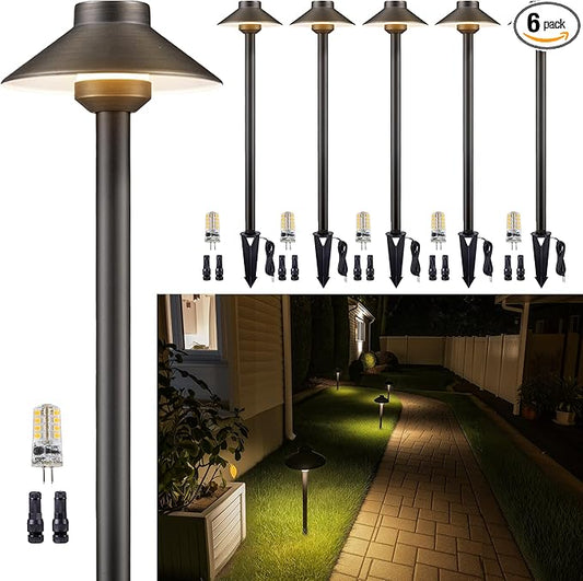 Gardenreet Low Voltage Landscape Brass Lighting - 12V LED Pathway Lamp IP65 Waterproof, Hard-Wired Bronze Path Light for Outdoor Walkway Garden with 3W 5000K Daylight G4 Replaceable Bulb (6 Pack)