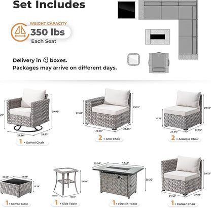 ovios 9 Pieces Patio Furniture Set, Outdoor Wicker Sectional Sofa with 42" Fire Pit Table Swivel Chair, Modern Modular Deep Seat Rattan Couch Conversation Sets, Beige