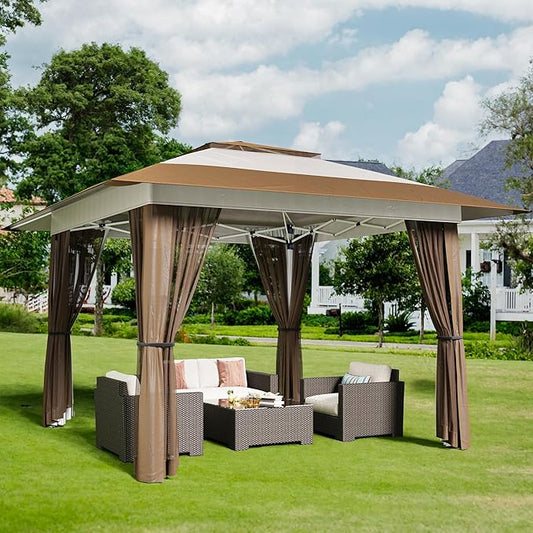 Bealife 13x13 Pop Up Gazebo Tent with Mosquito Netting, Outoor Canopy Tent with 4 Sandbags, 8 Stakes, 4 Ropes, Roller Bag, Pop Up Canopy for Lawn Backyard Garden Deck (Beige, 13x13)