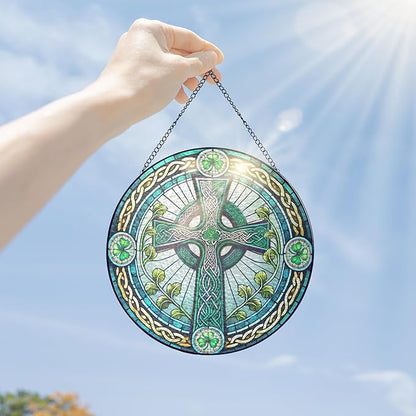 FLAGWIX Christmas Irish Gifts for Women Men - Stained Glass Hanging Suncatcher 10 in - Birthday Christmas Irish Decorations for Family Friends, Celtic Cross Home Decor, St Patricks Day Decorations