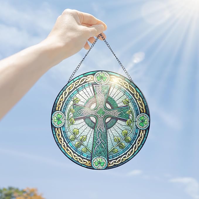FLAGWIX Christmas Irish Gifts for Women Men - 100% Stained Glass Hanging Suncatcher 8 in - Birthday Christmas Irish Decorations for Family Friends, Celtic Cross Home Decor, St Patricks Day Decorations
