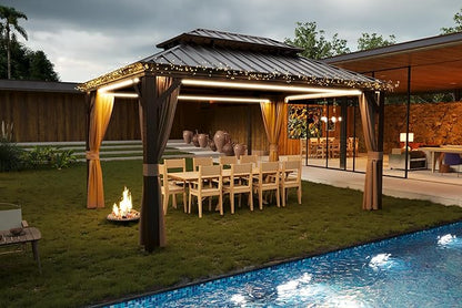 12' x 16' Outdoor Hardtop Gazebo Aluminum Frame with Double Metal Roof, Canopy Netting, Curtain, Patio Permanent Galvanized Steel Gazebo for Backyard, Garden, Party, Deck, Lawn