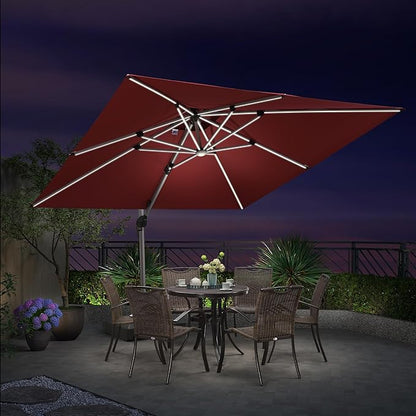 PURPLE LEAF 10 Feet Solar Powered LED Square Cantilever Umbrella With Base Patio Umbrellas Windproof Hanging Outdoor Umbrellas Offset Umbrella, Terra