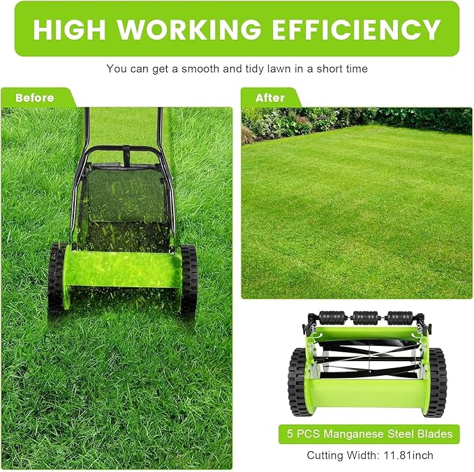 12 Inch Manual Push Reel Lawn Mower with Adjustable Mowing Height, 5 Blades and Collection Bag, Push Lawn Sweeper Grass Catcher Outdoor Power Tools for Picking up Leaves,Grass and Debris on Lawns