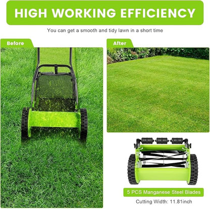 12 Inch Manual Push Reel Lawn Mower with Adjustable Mowing Height, 5 Blades and Collection Bag, Push Lawn Sweeper Grass Catcher Outdoor Power Tools for Picking up Leaves,Grass and Debris on Lawns