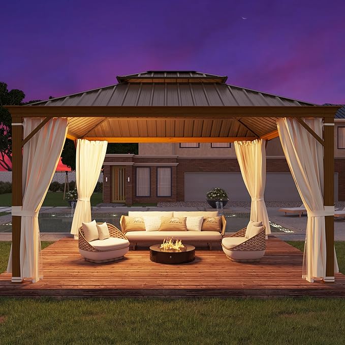 YOLENY 12' x 14' Hardtop Gazebo, Wood Grain Aluminum Frame Canopy with Galvanized Steel Double Roof, Outdoor Patio Gazebo with Netting and Curtains for Backyard, Patio, Lawns