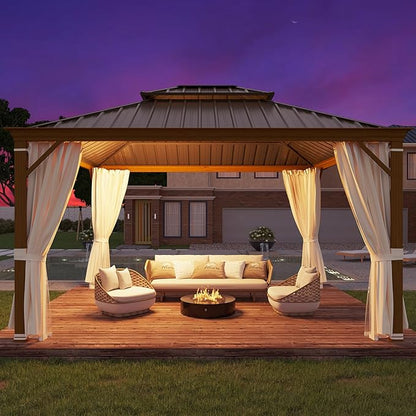 YOLENY 12' x 14' Hardtop Gazebo, Wood Grain Aluminum Frame Canopy with Galvanized Steel Double Roof, Outdoor Patio Gazebo with Netting and Curtains for Backyard, Patio, Lawns