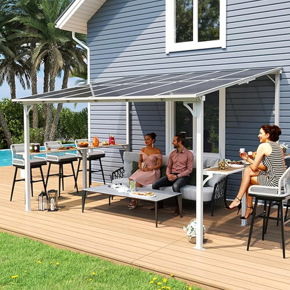 MEISSALIVVE 10' x 12' Wall Mounted Gazebo, Outdoor BBQ Grill Gazebo with Side Shelf, Lean to Metal Awnings with Sloped Roof, Heavy Duty Pergola for Backyard, Deck, White