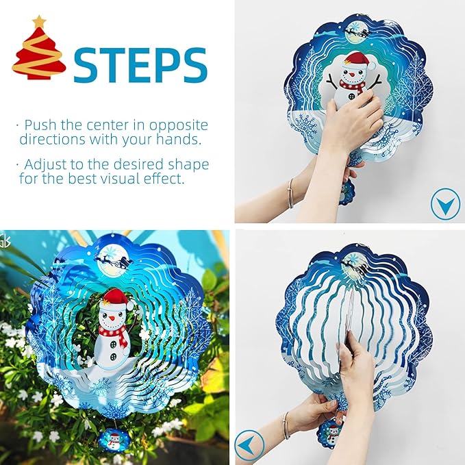 Christmas 3D Wind Spinners Hanging, 12in Large Stainless Steel Yard Sculpture for Winter Outdoor Indoor Garden Yard Crafts Ornaments Decoration(Christmas Snowmen)