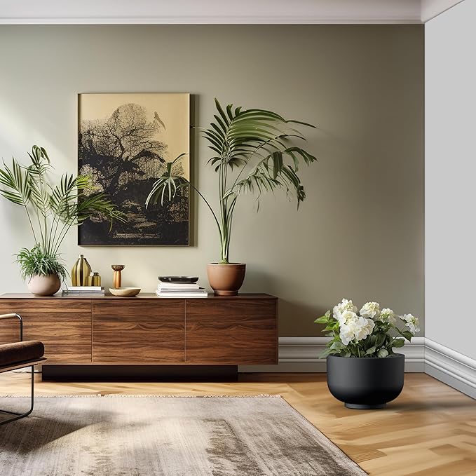 Kante 17.7 Inch Dia Concrete Bowl Planter, Large Tapered Bottom Plant Pot with Drainage, Smooth Black Finish with Warm Brown Interior, Ideal for Porch, Home, Garden, Patio