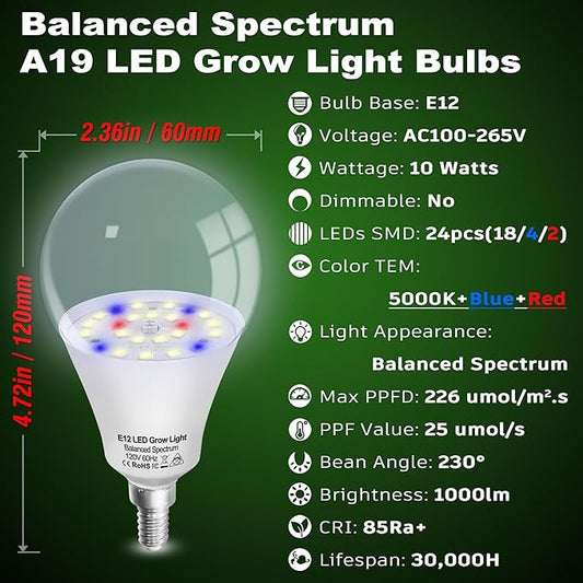 Grow Light Bulbs E12 Candelabra Small Screw Base for Indoor Plants Full Spectrum,Grow LED Light Bulb 10W with Balanced Spectrum 5000K Blue Red for Seeds Greens Laboratory,School,Greenhouse Garden,6Pcs