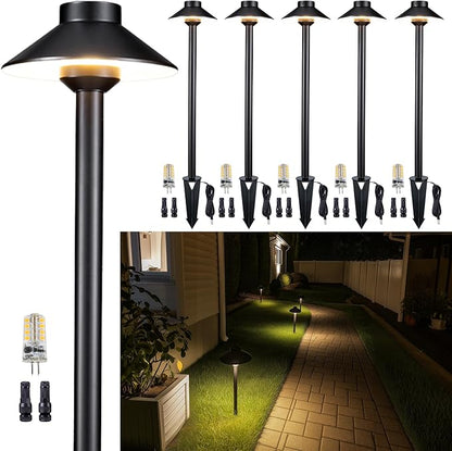 Gardenreet Solid Cast Brass Pathway Lights, 12v Landscape Path Light Outdoor Waterproof, Electric Walkway Lights Wired, Hat Shape Black Garden Area with 3W 270LM 5000K Daylight G4 Bulb (6 Pack)