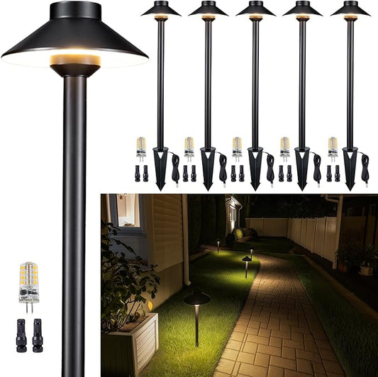 Gardenreet Solid Cast Brass Pathway Lights, 12v Landscape Path Light Outdoor Waterproof, Electric Walkway Lights Wired, Hat Shape Black Garden Area with 3W 270LM 5000K Daylight G4 Bulb (6 Pack)