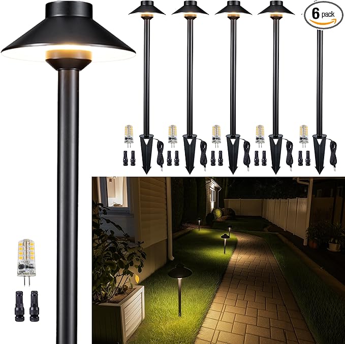 Gardenreet Brass Low Voltage Landscape Lighting - 12V LED Path Lights IP65 Waterproof, Hard-Wired Pathway Light Black for Outside Walkway Garden with 3W 2700K Warm White G4 Replaceable Bulb (6 Pack)