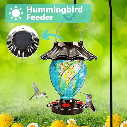 LUJII Solar Powered Hummingbird Feeder for Outside, Hand Blown Glass, 35 fl.oz, Never Leak, Waterproof, Metal Base Top, Lighted Lantern for Garden Decoration, Unique Gift for Bird Lovers, Teal