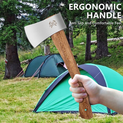 Camping Hatchet, 14.4" Survival Throwing Axe with Sheath, Survival Hatchet with Ergonomic Wood Handle for Camping, Chopping and Hiking