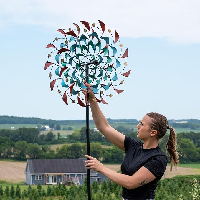Sunnydaze Rainbow Breezes Metal Garden Wind Spinner - Removable Pole Sections for Adjustable Height - Dual-Motion Blades - 84" H