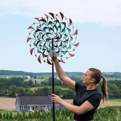 Sunnydaze Rainbow Breezes Metal Garden Wind Spinner - Removable Pole Sections for Adjustable Height - Dual-Motion Blades - 84" H