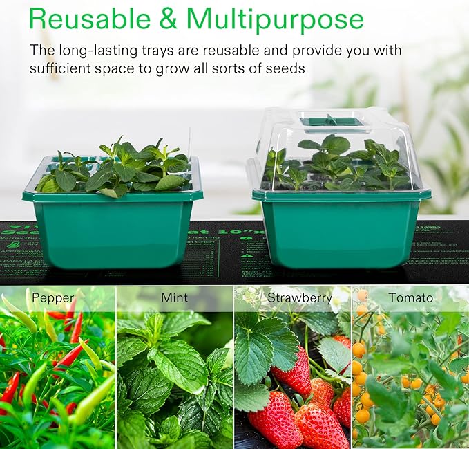 VIVOSUN 6-Pack Seed Starter Trays, 72-Cell Seed Starter Kit with Humidity Dome, Flat Reusable Plant Germination Trays with Drain Hole, Green Propagation Tray for Planting Seeds