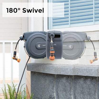 Giraffe Tools Retractable Hose Reel 1/2 in x130 FT PRO Metal Bracket Wall Mounted Heavy Duty Hose Reel with 9 Pattern Nozzle 180 Deg Swivel, Metal Bracket Any Length Lock (1/2 130FT PRO, Dark Grey)