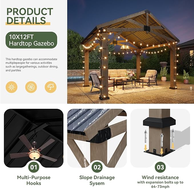 Aoxun 10' x 12' Outdoor Wood Gazebo, Hardtop Gazebo Permanent Wooden Pavilion with Galvanized Steel Gable Roof, for Patio, Garden, Backyard, Cedar Wood