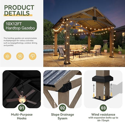 Aoxun 10' x 12' Outdoor Wood Gazebo, Hardtop Gazebo Permanent Wooden Pavilion with Galvanized Steel Gable Roof, for Patio, Garden, Backyard, Cedar Wood