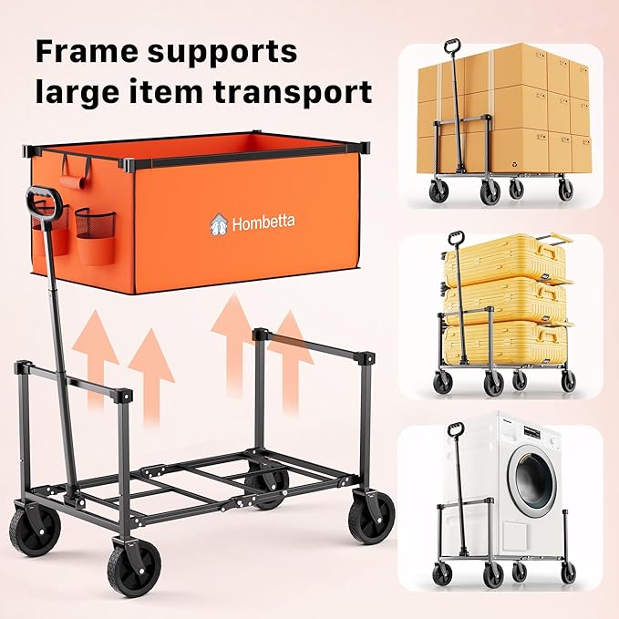 Collapsible Wagon Cart with Wheels, 150L Lightweight Foldable Utility Cart, Portable Rolling Wagon for Garden, Shopping, Sports, Camping, Transport, Orange