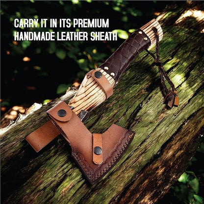 Viking Axe Ashwood Handle Handmade Carbon Steel Blade, Outdoor Camping Hunting, Norse Hatchets Axes, with Leather Wrapped Handle & Leather Sheath Wood Splitting Axes