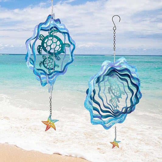 Sea Turtle Hanging Wind Spinners - 12 Inch 3D Kinetic Outdoor Large Metal Wind Spinner Blue Wave and Turtle Pattern with Starfish Pendant for Yard and Garden Decoration Laser Cut Sculpture Art