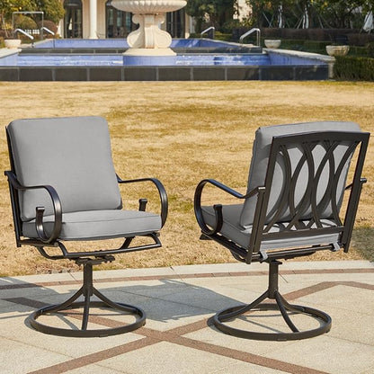 MELLCOM Patio Swivel Chair Set of 2, Heavy Duty Outdoor Dining Chairs with Thickened Cushions, Metal Patio Chairs Gentle Rocker for Outside, Garden Lawn & Porch, Backyard, Grey