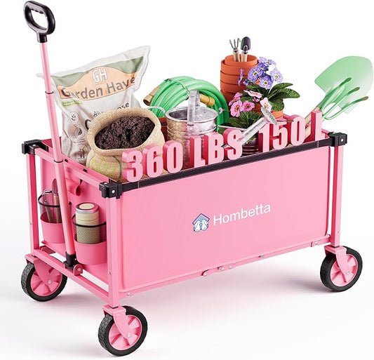 Collapsible Wagon Cart with Wheels, 150L Lightweight Foldable Utility Cart, Portable Rolling Wagon for Garden, Shopping, Sports, Camping, Transport, Pink