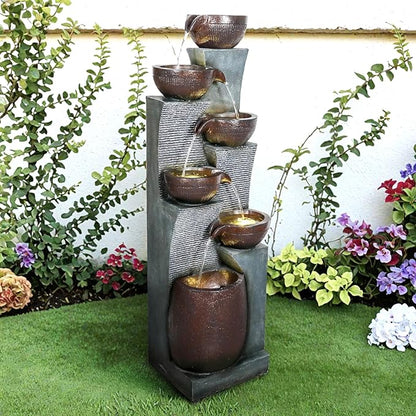 53.5” Tall 6-Tier Outdoor Water Fountain with LED Lights – Relaxing Cascading Resin Jar Waterfall for Garden, Patio, Backyard & Indoor Home Décor