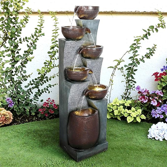 53.5” Tall 6-Tier Outdoor Water Fountain with LED Lights – Relaxing Cascading Resin Jar Waterfall for Garden, Patio, Backyard & Indoor Home Décor