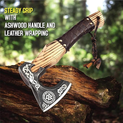 Viking Axe Ashwood Handle Handmade Carbon Steel Blade, Outdoor Camping Hunting, Norse Hatchets Axes, with Leather Wrapped Handle & Leather Sheath Wood Splitting Axes