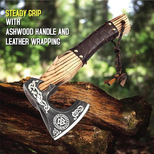 Viking Axe Ashwood Handle Handmade Carbon Steel Blade, Outdoor Camping Hunting, Norse Hatchets Axes, with Leather Wrapped Handle & Leather Sheath Wood Splitting Axes
