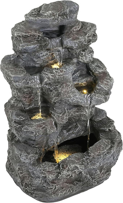 Merax 5-Tiered Concrete Tall Slim Fountain – 23.85" H LED Lit Outdoor Water Feature, Space-Saving Modern Design for Patio, Garden, Balcony, All-Weather Resistant
