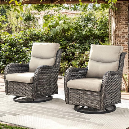 Patio Swivel Chair Set of 2, Resin Wicker Swivel Patio Glider Chairs with Smile-Shaped Cushions, High Back Luxury Swivel Patio Chairs for Outdoor, Brown Wicker|Beige Cushions