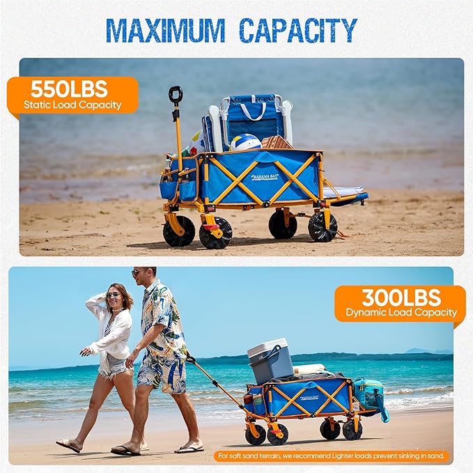 Old Bahama Bay 550lbs Extra Long 49" L Beach Wagon with Big Wheels with Brake for Sand, Collapsible Utility Beach Cart Heavy Duty Folding Wagon,Ideal for Outdoor Sand Camping Garden Pet