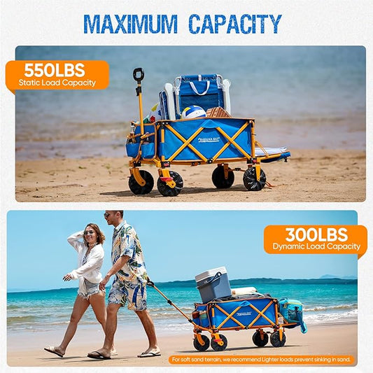 Old Bahama Bay 550lbs Extra Long 49" L Beach Wagon with Big Wheels with Brake for Sand, Collapsible Utility Beach Cart Heavy Duty Folding Wagon,Ideal for Outdoor Sand Camping Garden Pet