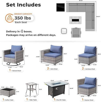 ovios 9 Pieces Patio Furniture Set, Outdoor Wicker Sectional Sofa with 42" Firepit Table Swivel Chair, Modern Modular Deep Seat Rattan Couch Conversation Sets, Denim Blue