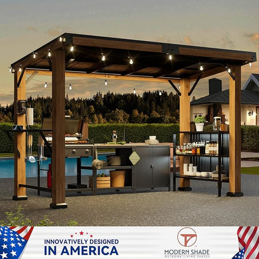 Modern Shade Woodberry Grill Gazebo 6' X 12', Cedar Wood Gazebo with Dual bar Tops & Shelves, Patio Pavilion with Galvanized Steel Roof, USB and USB-C Charging Ports for Patio, Garden